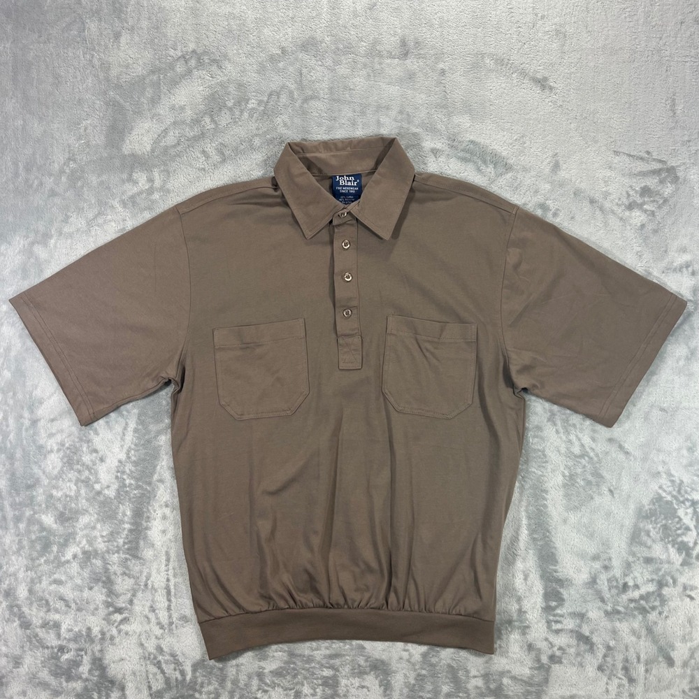 JOHN BLAIR Polo Shirt Mens Medium Brown‎ Banded Bottom Dual Pocket Short
